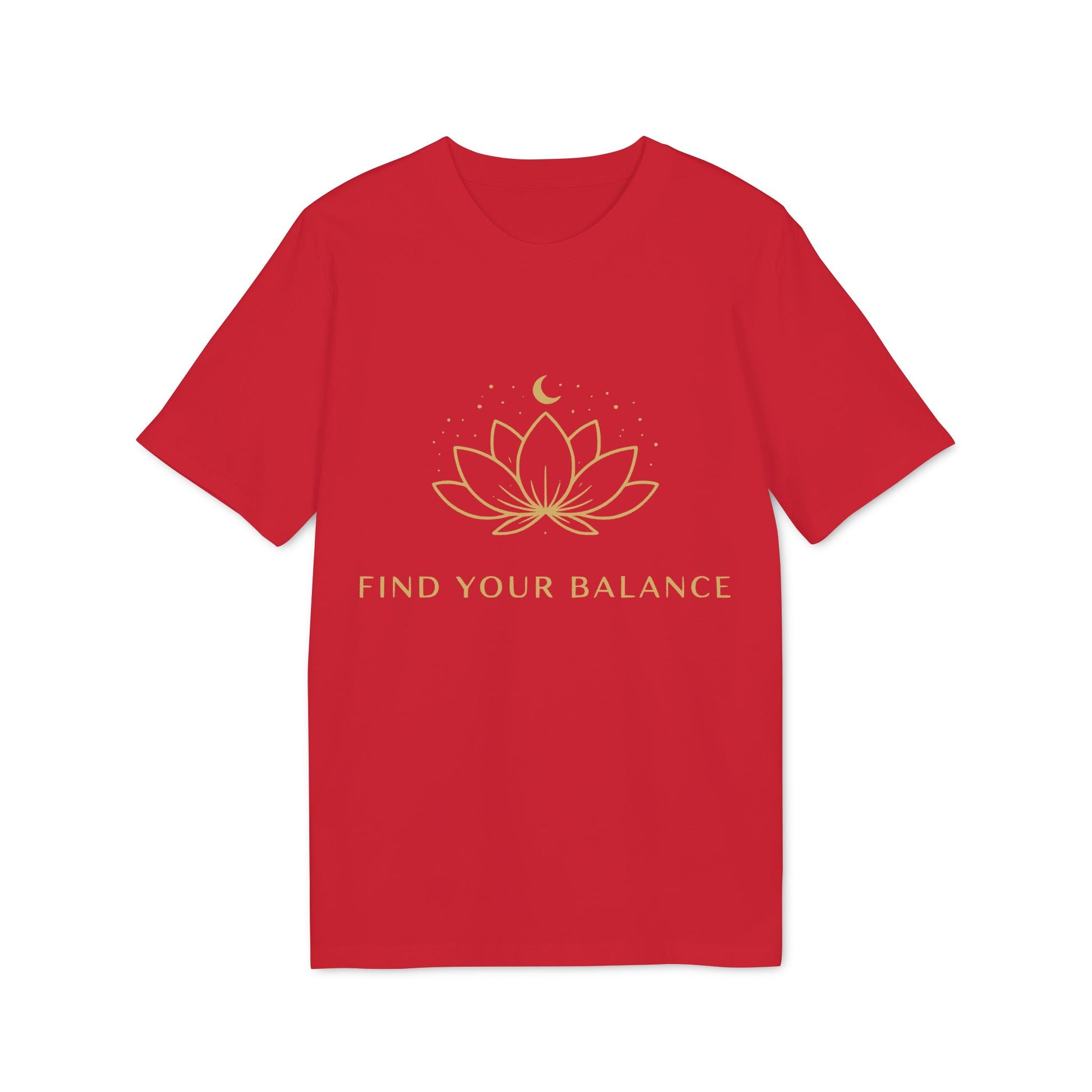 Yoga T-shirt Find Your Balance 100% Organic Cotton red unisex tee with lotus and moon graphic, "Find Your Balance" text