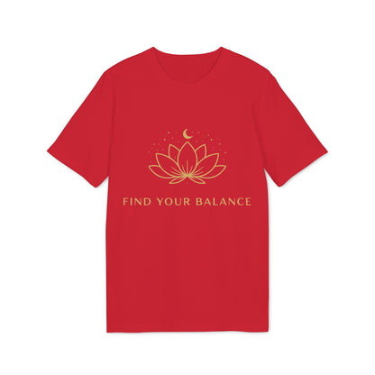 Yoga T-shirt Find Your Balance 100% Organic Cotton red unisex tee with lotus and moon graphic, "Find Your Balance" text