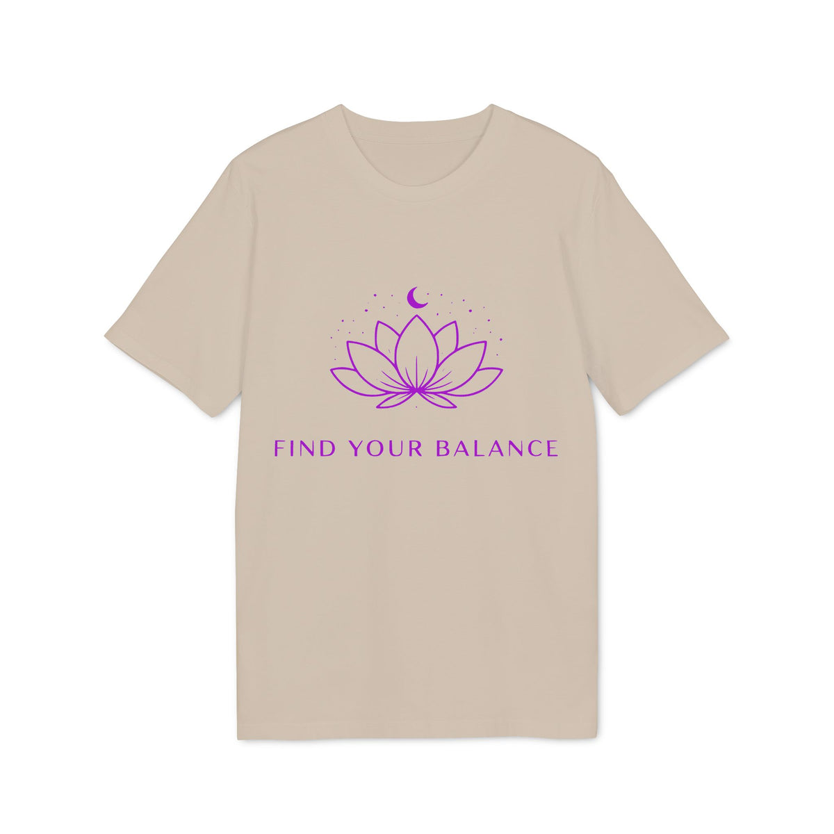 Alt Tag: Yoga T-shirt Find Your Balance 100% Organic Cotton beige unisex tee with purple lotus and “Find Your Balance” graphic