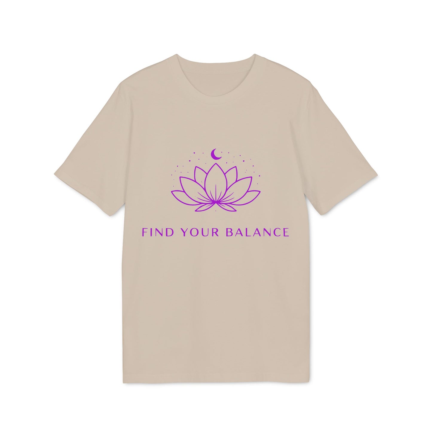 Alt Tag: Yoga T-shirt Find Your Balance 100% Organic Cotton beige unisex tee with purple lotus and “Find Your Balance” graphic