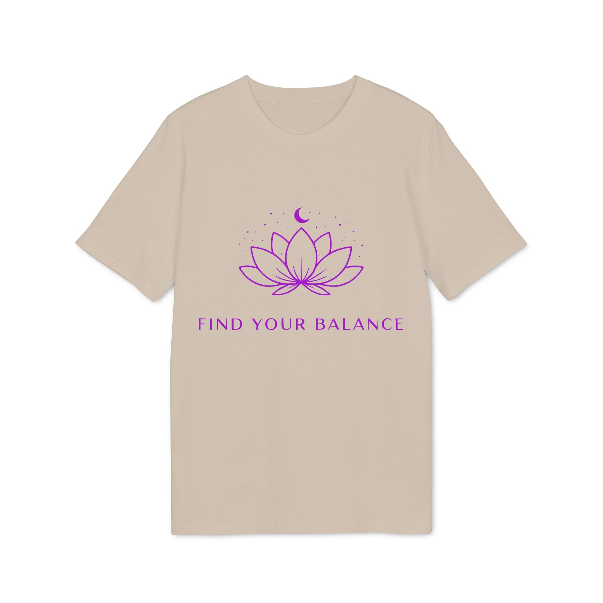 Alt Tag: Yoga T-shirt Find Your Balance 100% Organic Cotton beige unisex tee with purple lotus and “Find Your Balance” graphic