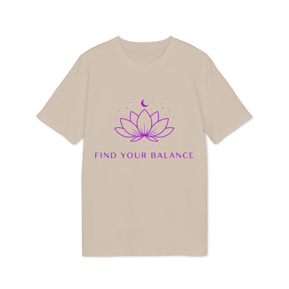 Alt Tag: Yoga T-shirt Find Your Balance 100% Organic Cotton beige unisex tee with purple lotus and “Find Your Balance” graphic
