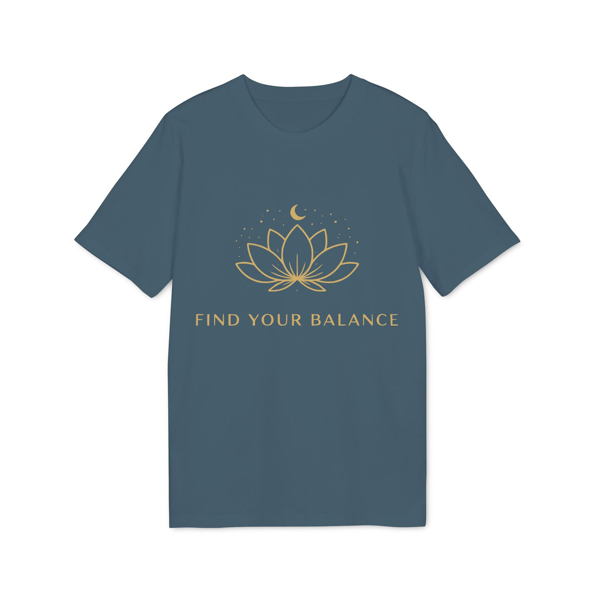 Alt Tag: Yoga T-shirt Find Your Balance 100% Organic Cotton unisex camiseta azul con diseño de flor de loto y luna, texto “FIND YOUR BALANCE”