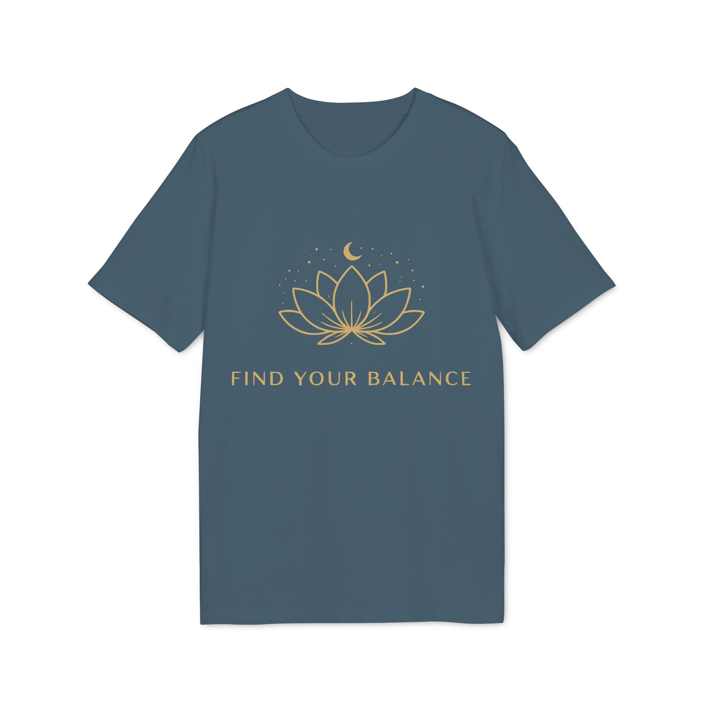 Alt Tag: Yoga T-shirt Find Your Balance 100% Organic Cotton unisex camiseta azul con diseño de flor de loto y luna, texto “FIND YOUR BALANCE”