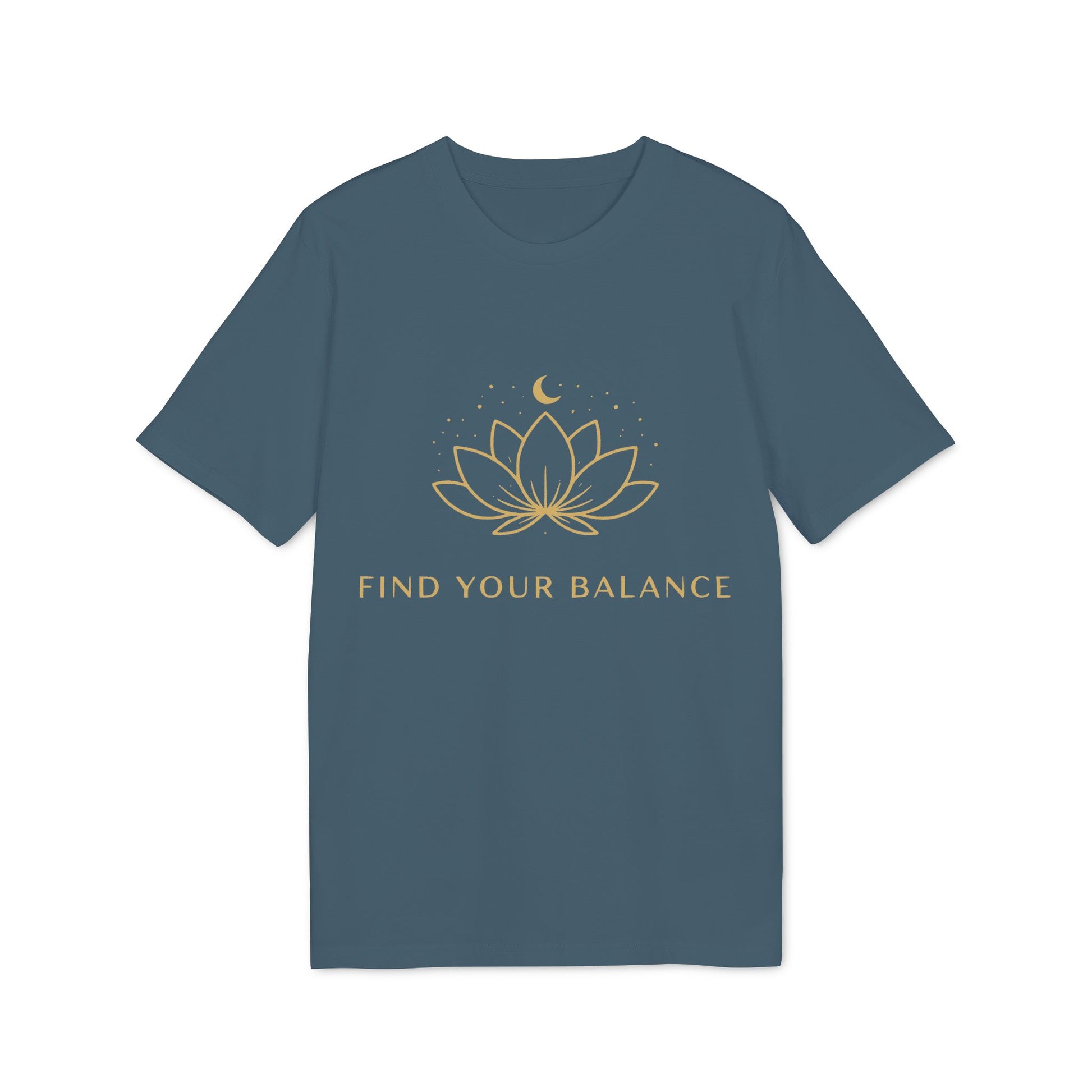 Alt Tag: Yoga T-shirt Find Your Balance 100% Organic Cotton unisex camiseta azul con diseño de flor de loto y luna, texto “FIND YOUR BALANCE”