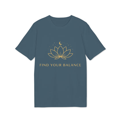 Alt Tag: Yoga T-shirt Find Your Balance 100% Organic Cotton unisex camiseta azul con diseño de flor de loto y luna, texto “FIND YOUR BALANCE”
