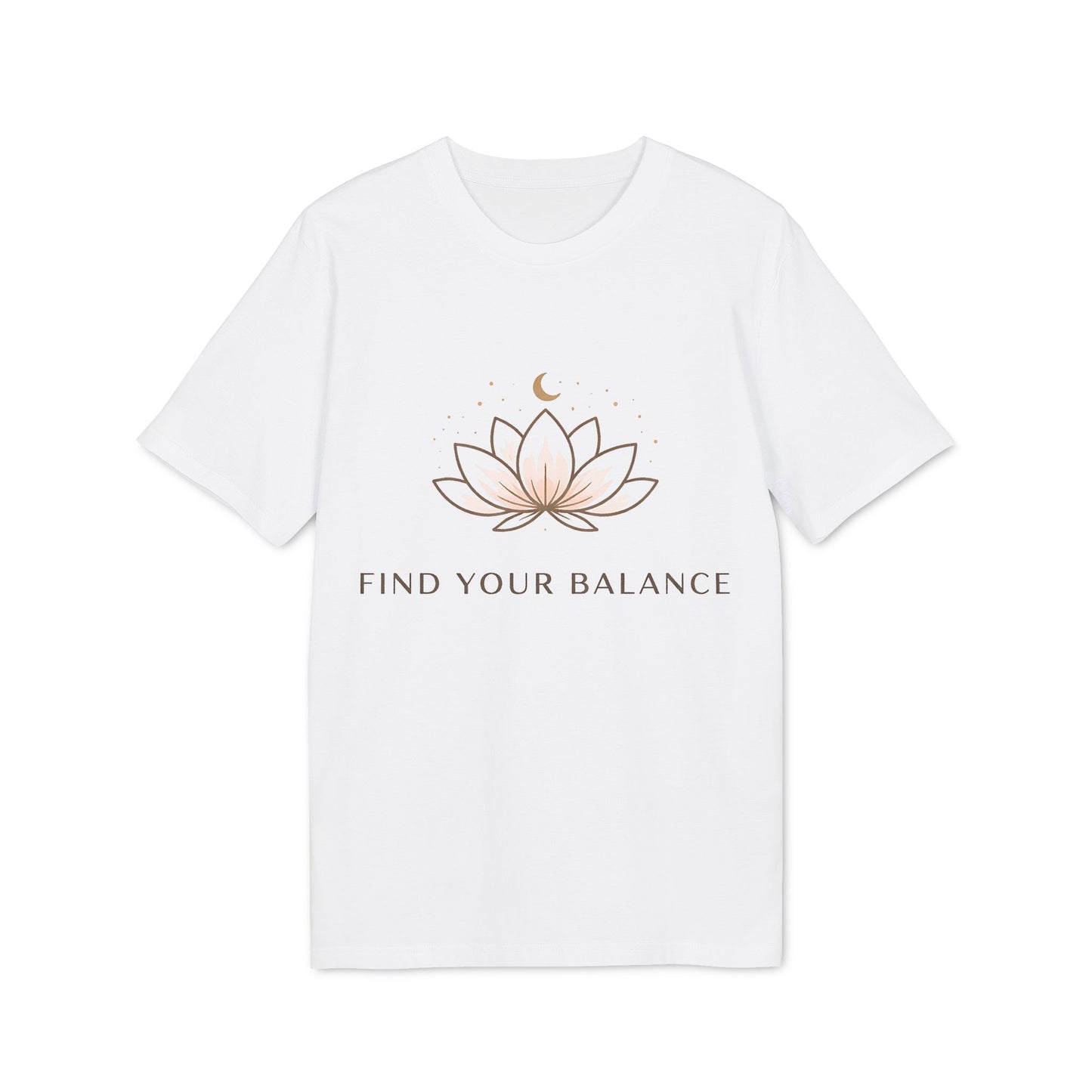 Alt Tag: Yoga T-shirt Find Your Balance 100% Organic Cotton unisex white tee with lotus graphic and “Find Your Balance” text