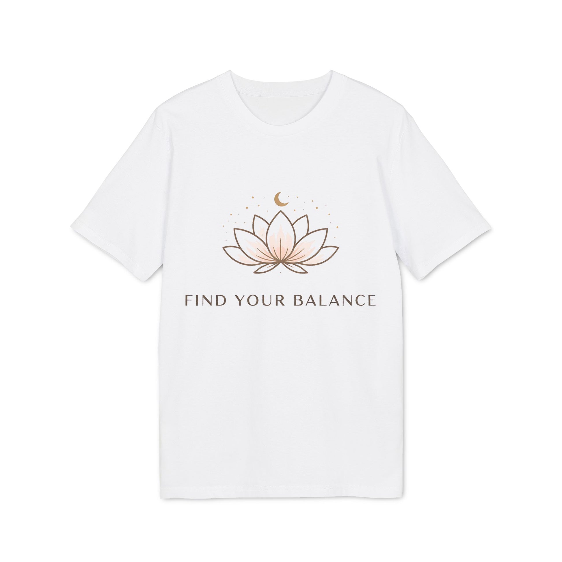 Alt Tag: Yoga T-shirt Find Your Balance 100% Organic Cotton unisex white tee with lotus graphic and “Find Your Balance” text