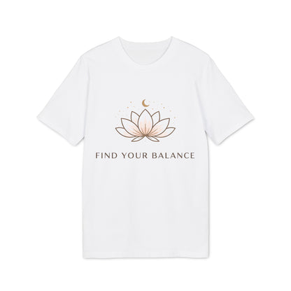 Alt Tag: Yoga T-shirt Find Your Balance 100% Organic Cotton unisex white tee with lotus graphic and “Find Your Balance” text