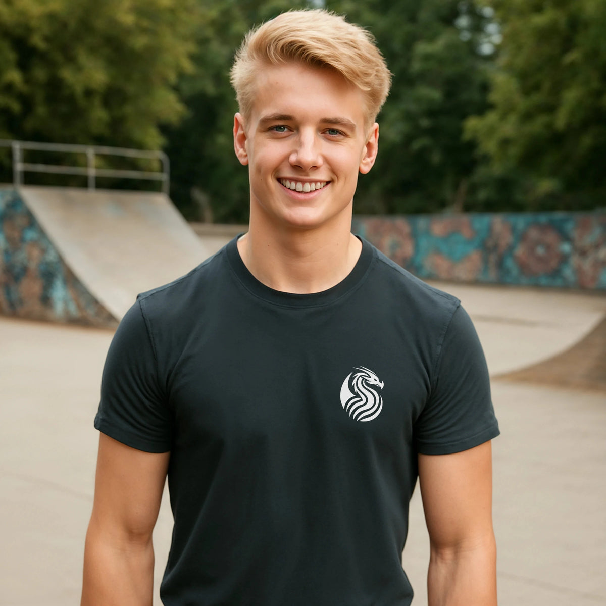 Young Dragon Premium Unisex T-Shirt worn by a model in a skatepark, black tee with small dragon logo
