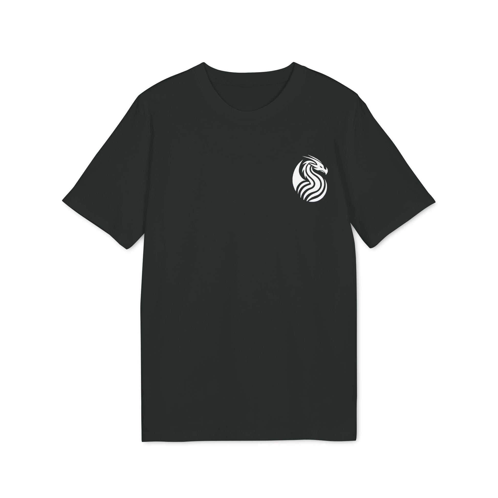 Alt Tag: Young Dragon Premium Unisex T-Shirt black tee with small white dragon logo on left chest, front view