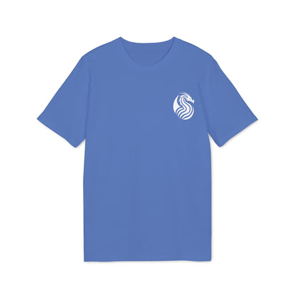 Alt Tag: Young Dragon Premium Unisex T-Shirt in blue with small white dragon emblem on left chest