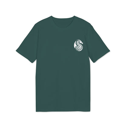 Alt Tag: Young Dragon Premium Unisex T-Shirt verde oscuro con pequeño gráfico de dragón blanco en el pecho, vista frontal
