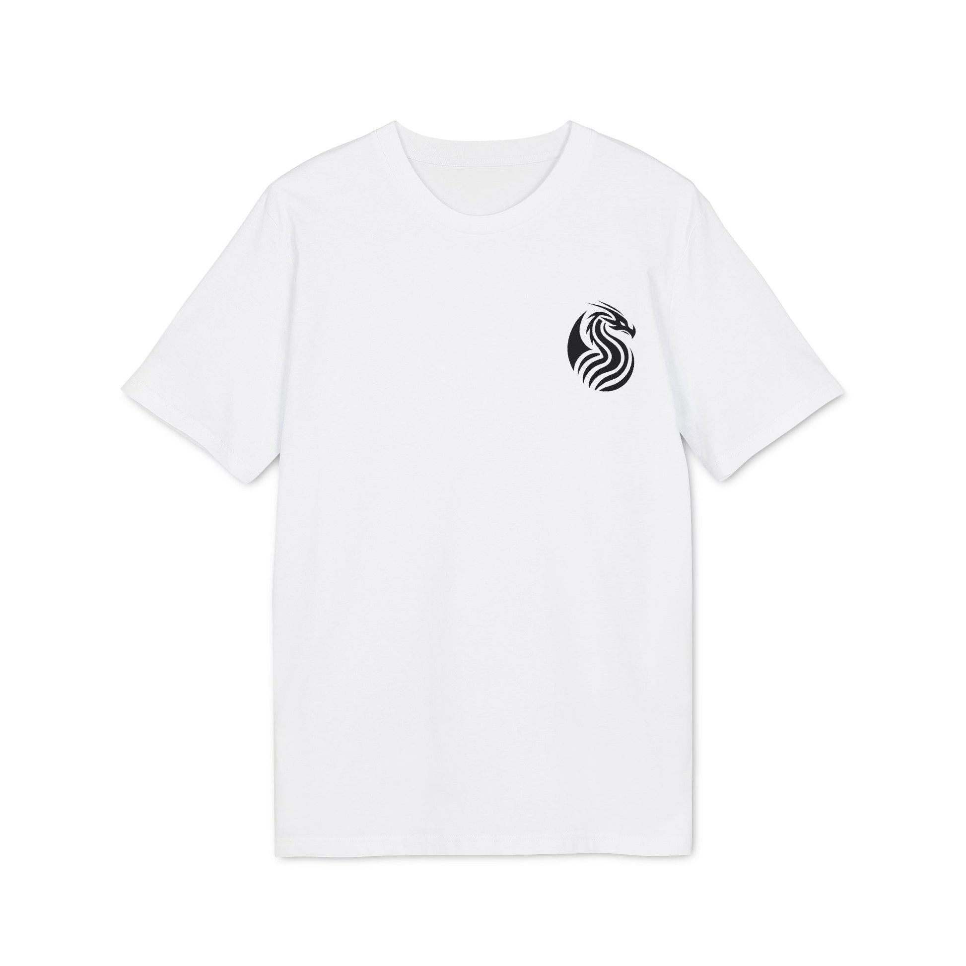 Alt Tag: Young Dragon Premium Unisex T-Shirt white crewneck tee with small black dragon emblem on left chest