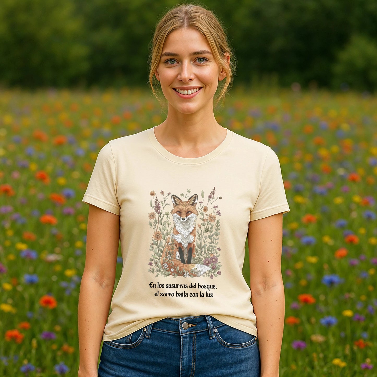Alt Tag: Modelo con Zorro Espiritual Orgánica Consciente Premium Unisex T-Shirt de algodón orgánico, diseño de zorro y frase, en campo de flores