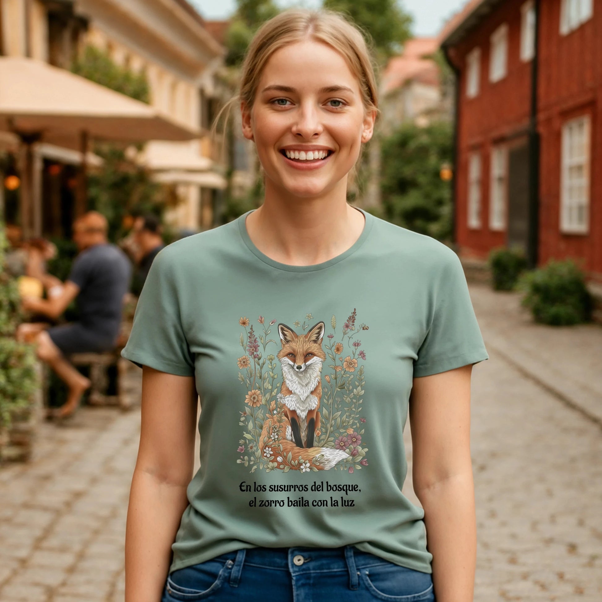 Zorro Espiritual Orgánica Consciente Premium Unisex T-Shirt en modelo mujer, camiseta verde con ilustración de zorro y texto en español