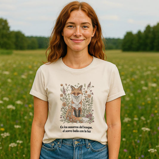 Alt Tag: Mujer usando Zorro Espiritual Orgánica Consciente Premium Unisex T-Shirt color crema con ilustración de zorro y flores